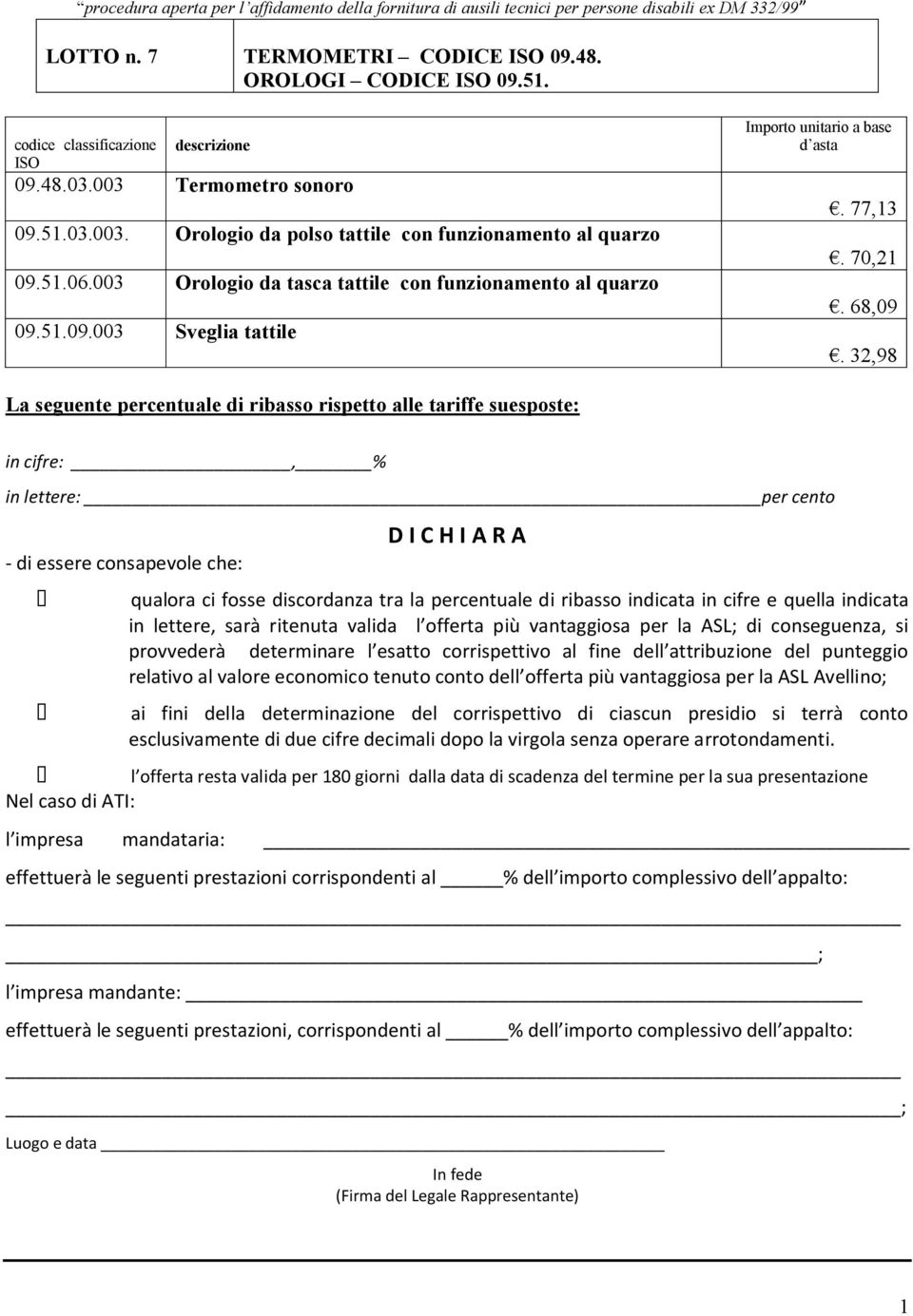 32,98 La seguente percentuale di ribasso rispetto alle tariffe suesposte: in cifre:, % in lettere: per cento - di essere consapevole che: D I C H I A R A qualora ci fosse discordanza tra la