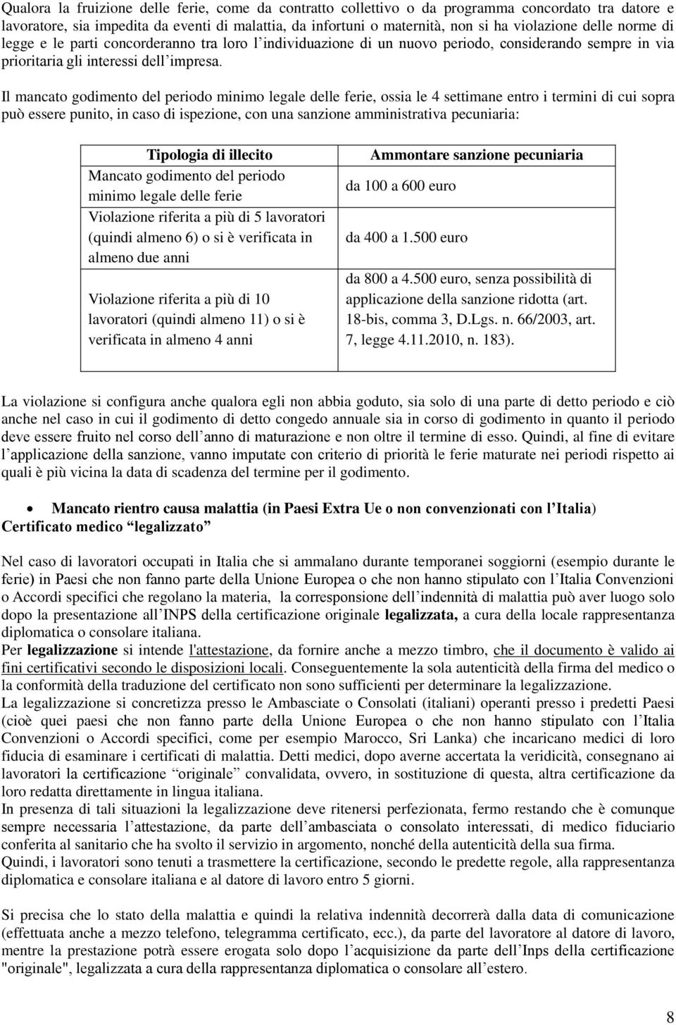 Il mancato godimento del periodo minimo legale delle ferie, ossia le 4 settimane entro i termini di cui sopra può essere punito, in caso di ispezione, con una sanzione amministrativa pecuniaria: