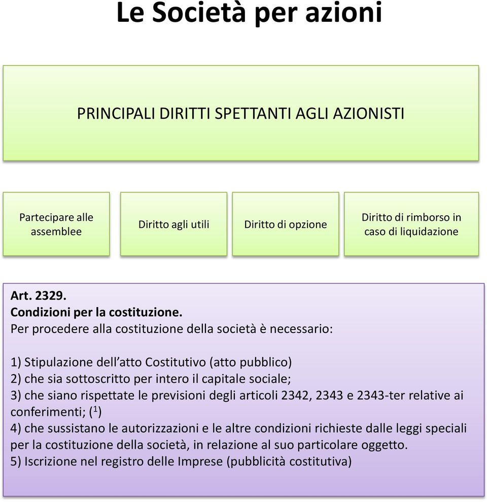 Per procedere alla costituzione della società è necessario: 1) Stipulazione dell atto Costitutivo (atto pubblico) 2) che sia sottoscritto per intero il capitale sociale; 3) che