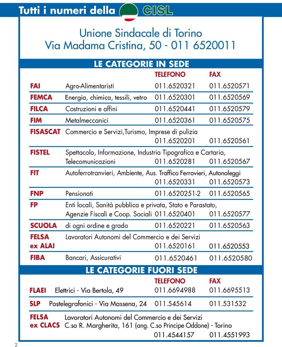 IN IN SEDE 50 50 - di Torino - 011-011 011 6520011 6520011 Via Madama LE CATEGORIE le categorie Cristina, IN SEDE TELEFONO 50 in sede - 011 6520011 FAX 2 T T u t t t i i i i n u m e r r i i d e l l l