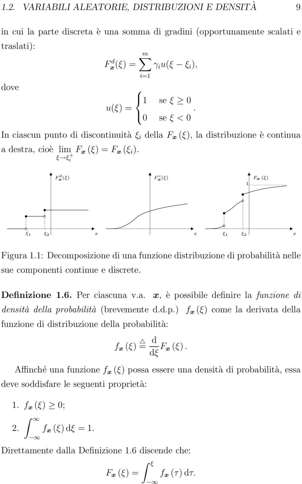 F d x (ξ) F c x (ξ) 1 F x (ξ) ξ 1 ξ 2 x x ξ 1 ξ 2 x Figura 1.1: Decomposizione di una funzione distribuzione di probabilità nelle sue componenti continue e discrete. Definizione 1.6. Per ciascuna v.a. x, è possibile definire la funzione di densità della probabilità (brevemente d.