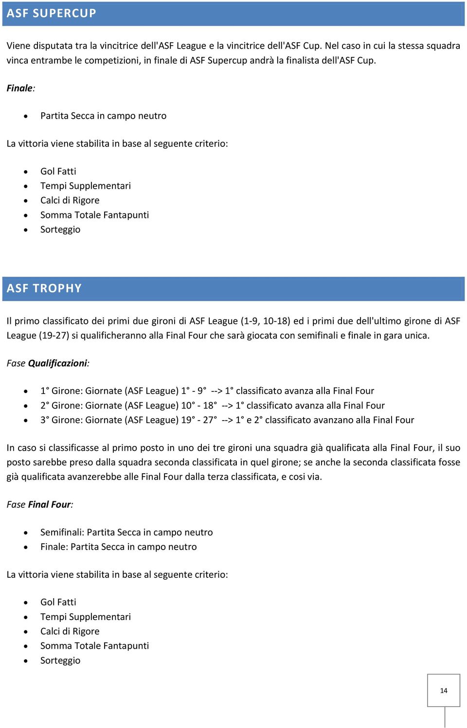 Finale: Partita Secca in campo neutro La vittoria viene stabilita in base al seguente criterio: Gol Fatti Tempi Supplementari Calci di Rigore Somma Totale Fantapunti Sorteggio ASF TROPHY Il primo
