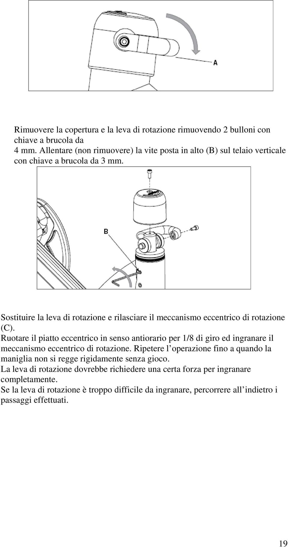 Sostituire la leva di rotazione e rilasciare il meccanismo eccentrico di rotazione (C).