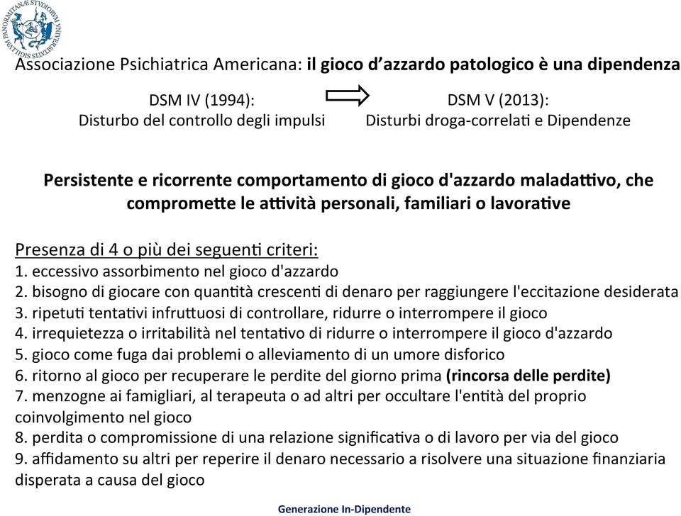 eccessivo assorbimento nel gioco d'azzardo 2. bisogno di giocare con quangtà cresceng di denaro per raggiungere l'eccitazione desiderata 3.