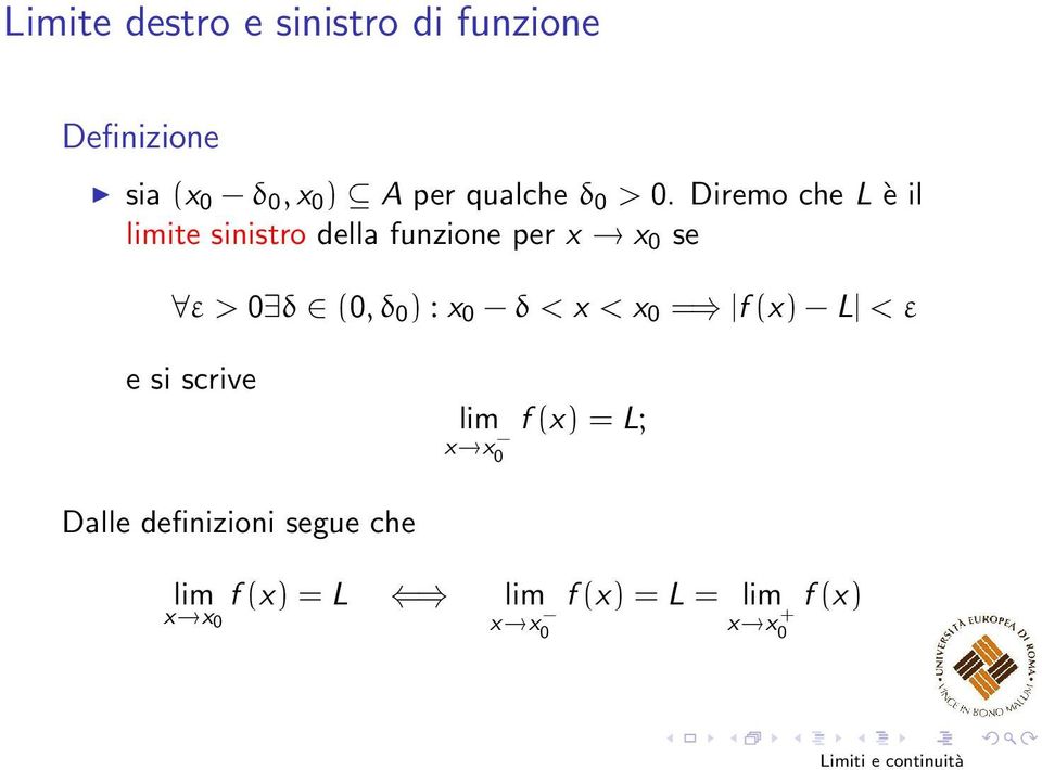 Diremo che L è il ite sinistro della funzione per x x 0 se ε > 0 δ (0, δ 0