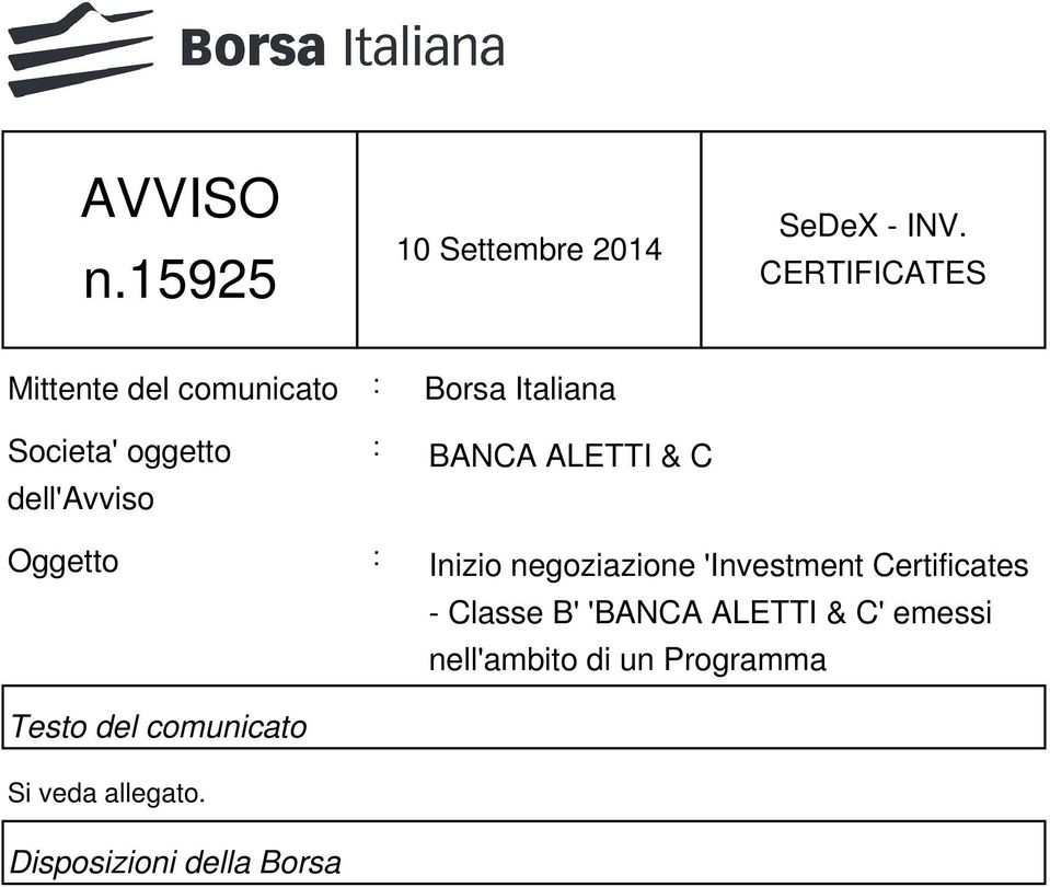 : BANCA ALETTI & C Oggetto : Inizio negoziazione 'Investment Certificates - Classe