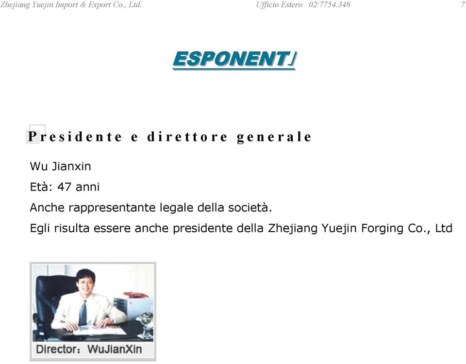 348 7 ESPONENTI Presidente e direttore generale Wu Jianxin Età: