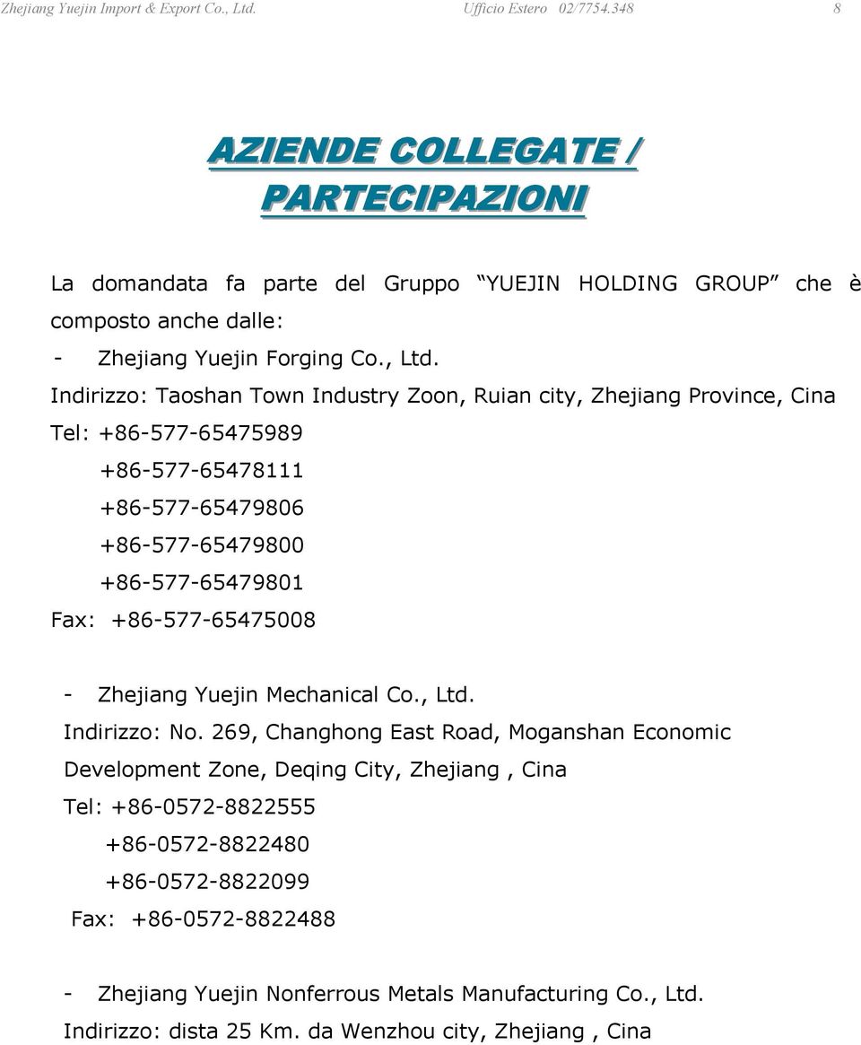 Indirizzo: Taoshan Town Industry Zoon, Ruian city, Zhejiang Province, Cina Tel: +86-577-65475989 +86-577-65478111 +86-577-65479806 +86-577-65479800 +86-577-65479801 Fax: +86-577-65475008 -