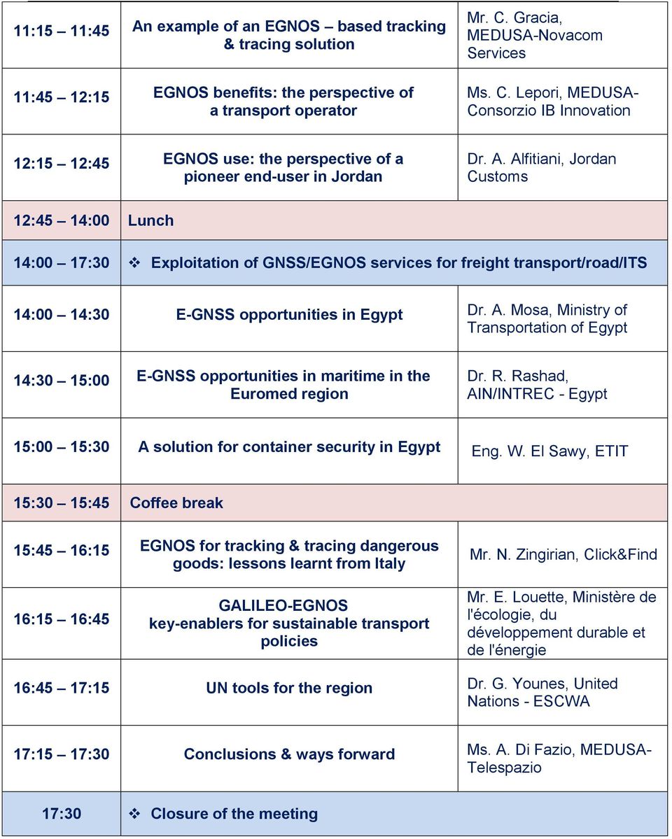 Alfitiani, Jordan Customs 12:45 14:00 Lunch 14:00 17:30 Exploitation of GNSS/EGNOS services for freight transport/road/its 14:00 14:30 E-GNSS opportunities in Egypt Dr. A.
