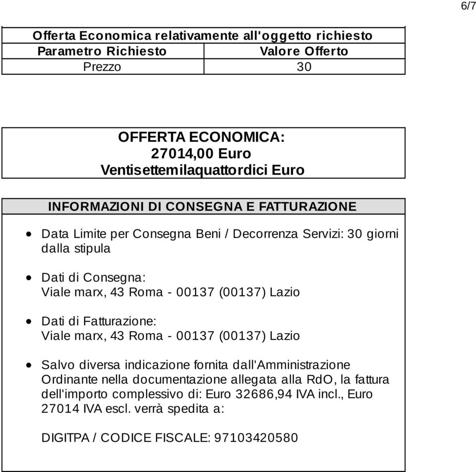 Fatturazione: Viale marx, 43 Roma - 00137 (00137) Lazio Salvo diversa indicazione fornita dall'amministrazione Ordinante nella documentazione