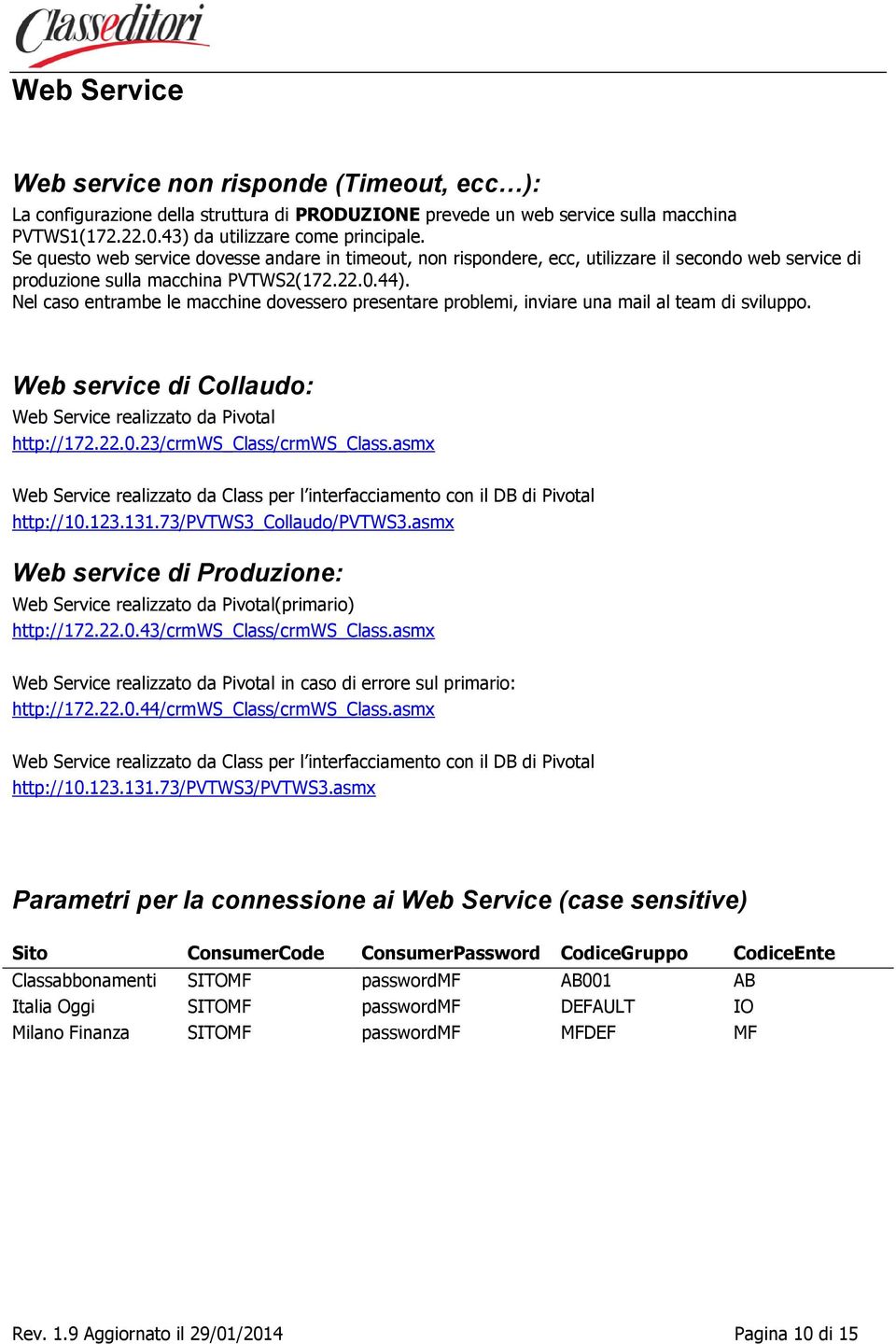 Nel caso entrambe le macchine dovessero presentare problemi, inviare una mail al team di sviluppo. Web service di Collaudo: Web Service realizzato da Pivotal http://172.22.0.