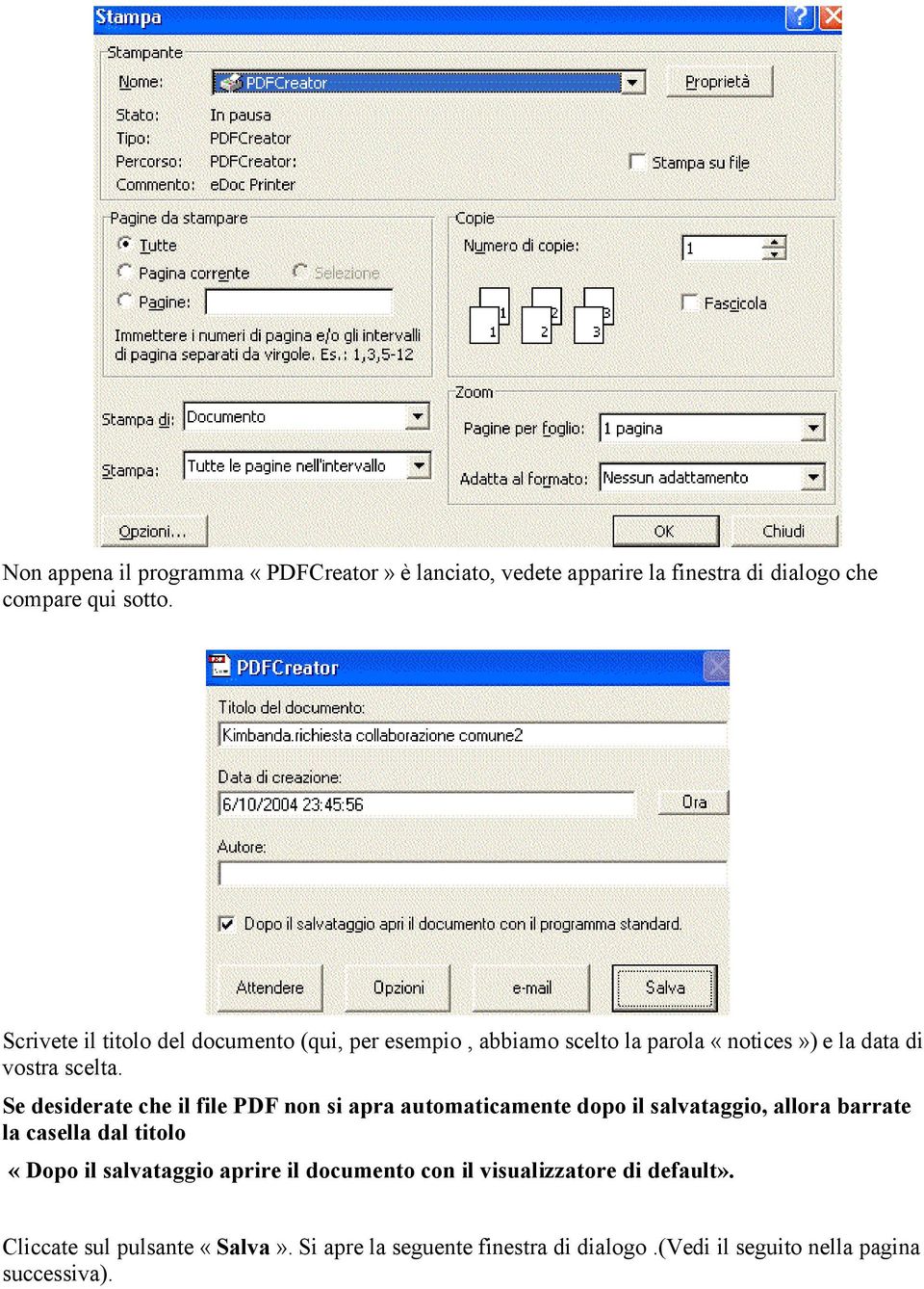 Se desiderate che il file PDF non si apra automaticamente dopo il salvataggio, allora barrate la casella dal titolo «Dopo il