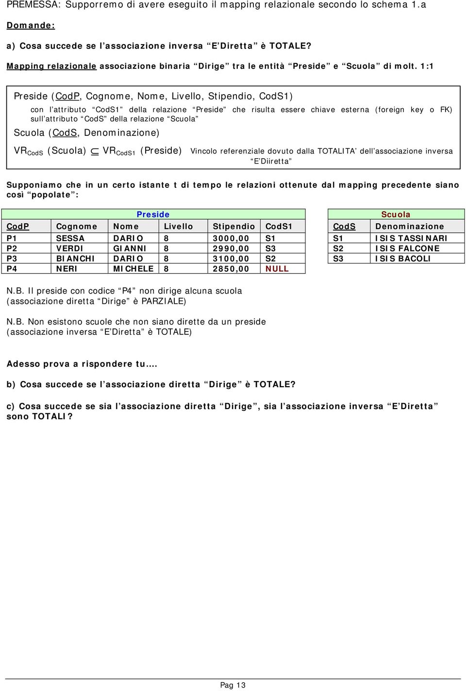 1:1 Preside (CodP, Cognome, ome, Livello, Stipendio, CodS1) con l attributo CodS1 della relazione Preside che risulta essere chiave esterna (foreign key o FK) sull attributo CodS della relazione