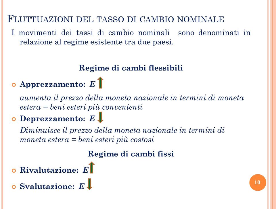 Apprezzamento: E Regime di cambi flessibili aumenta il prezzo della moneta nazionale in termini di moneta estera =