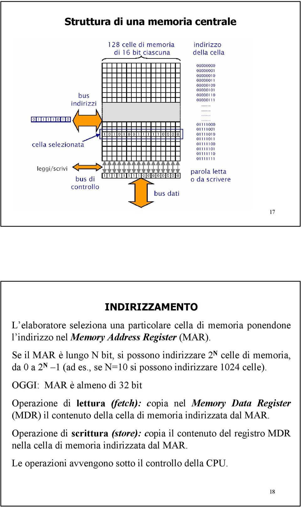 OGGI: MAR è almeno di 32 bit Operazione di lettura (fetch): copia nel Memory Data Register (MDR) il contenuto della cella di memoria indirizzata dal MAR.