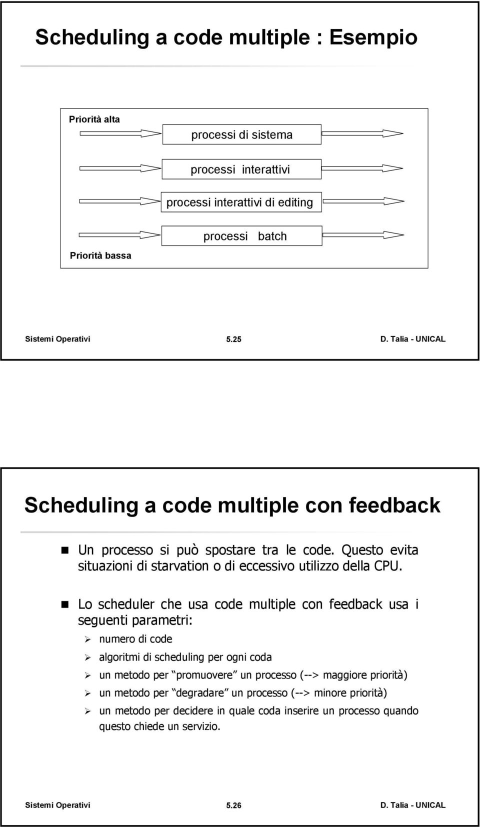 Lo scheduler che usa code multiple con feedback usa i seguenti parametri: numero di code algoritmi di scheduling per ogni coda un metodo per promuovere un processo