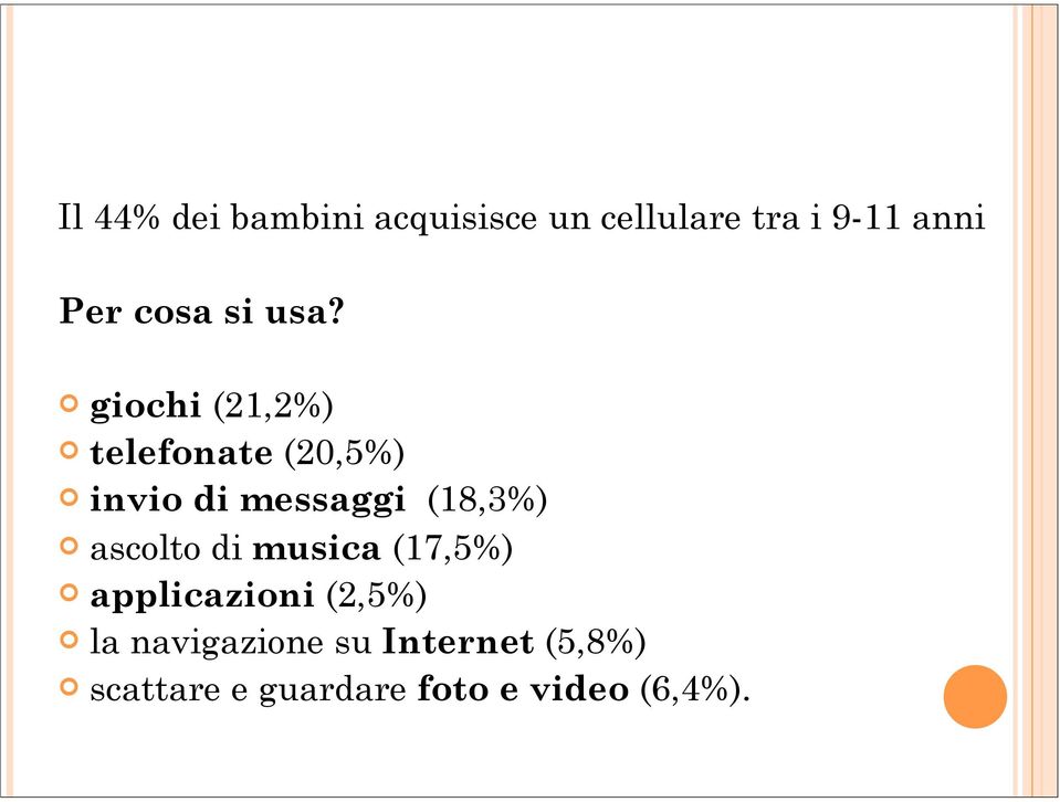 giochi (21,2%) telefonate (20,5%) invio di messaggi (18,3%)