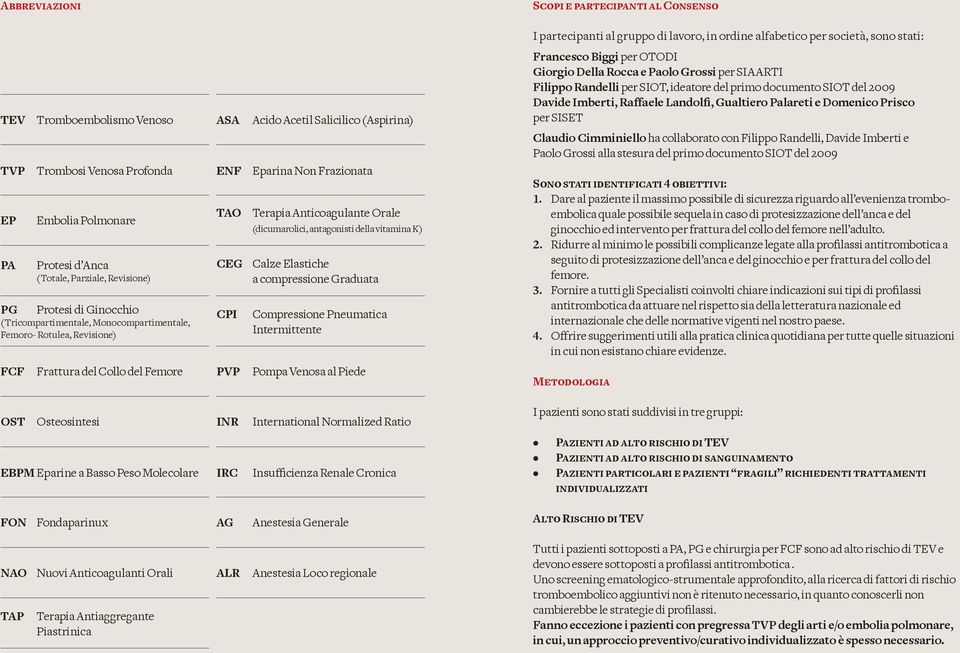 Elastiche a compressione Graduata Compressione Pneumatica Intermittente FCF Frattura del Collo del Femore PVP Pompa Venosa al Piede OST Osteosintesi INR International Normalized Ratio EBPM Eparine a