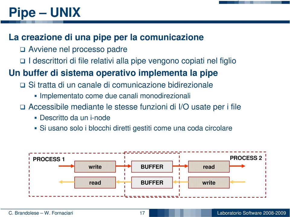 Implementato come due canali monodirezionali Accessibile mediante le stesse funzioni di I/O usate per i file Descritto da un i-node Si