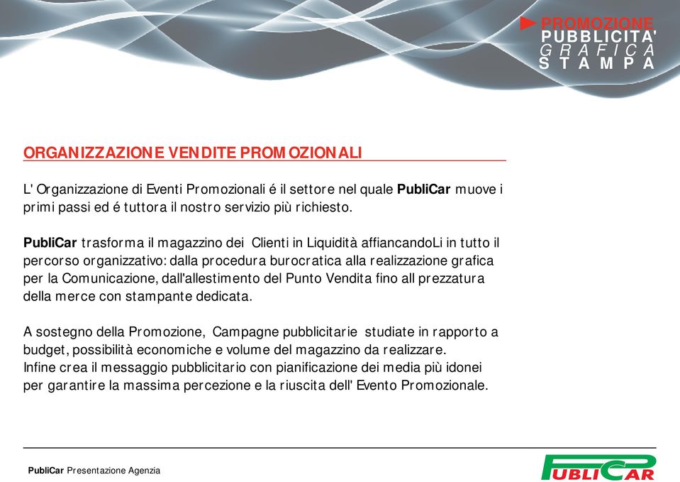 PubliCar trasforma il magazzino dei Clienti in Liquidità affiancandoli in tutto il percorso organizzativo: dalla procedura burocratica alla realizzazione grafica per la Comunicazione,