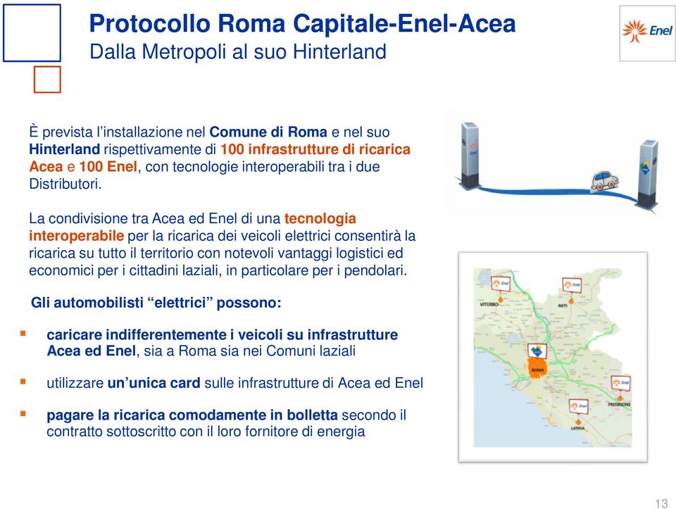 La condivisione tra Acea ed Enel di una tecnologia interoperabile per la ricarica dei veicoli elettrici consentirà la ricarica su tutto il territorio con notevoli vantaggi logistici ed economici per