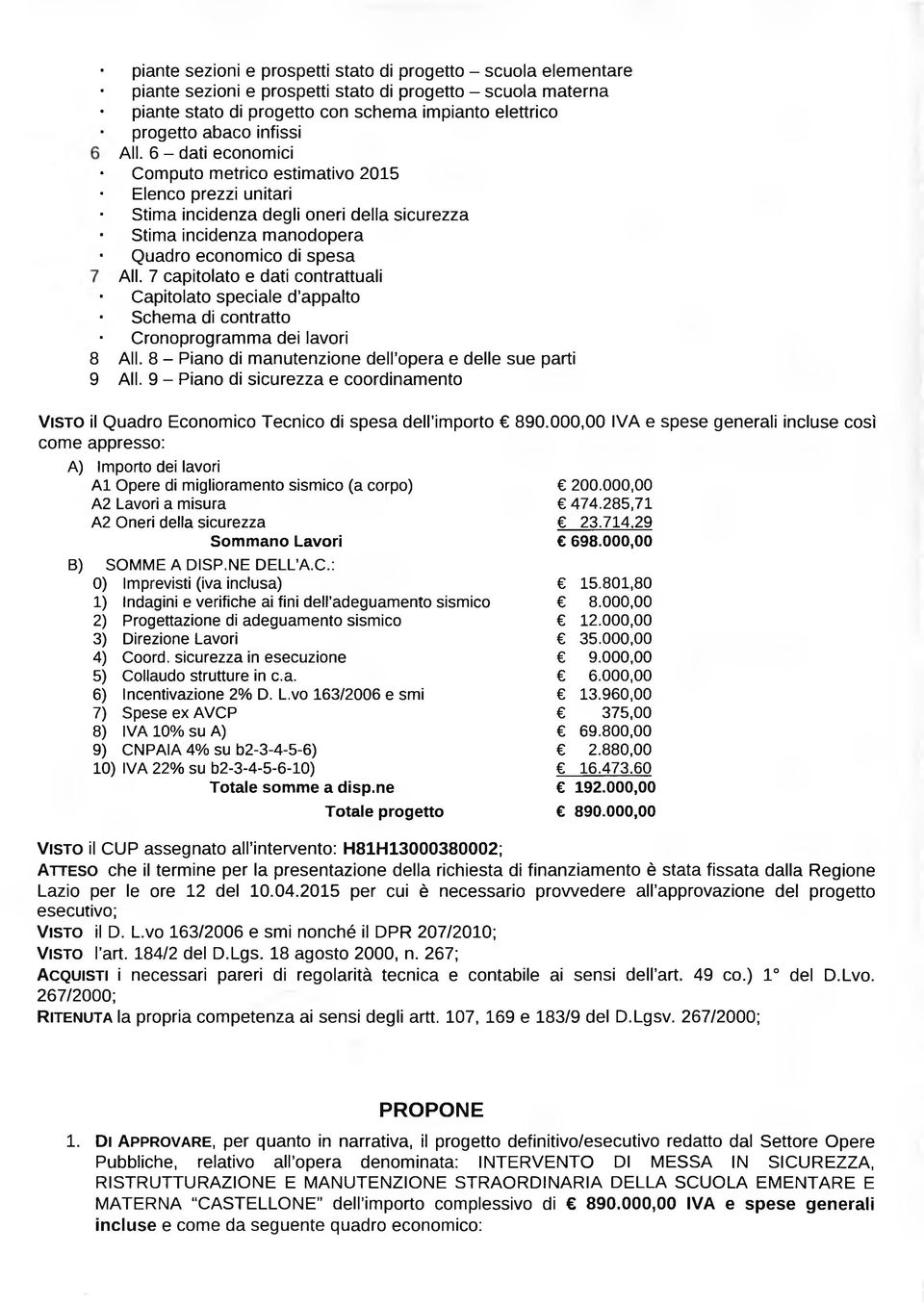 7 capitolato e dati contrattuali Capitolato speciale d appalto Schema di contratto Cronoprogramma dei lavori All. 8 - Piano di manutenzione dell opera e delle sue parti All.