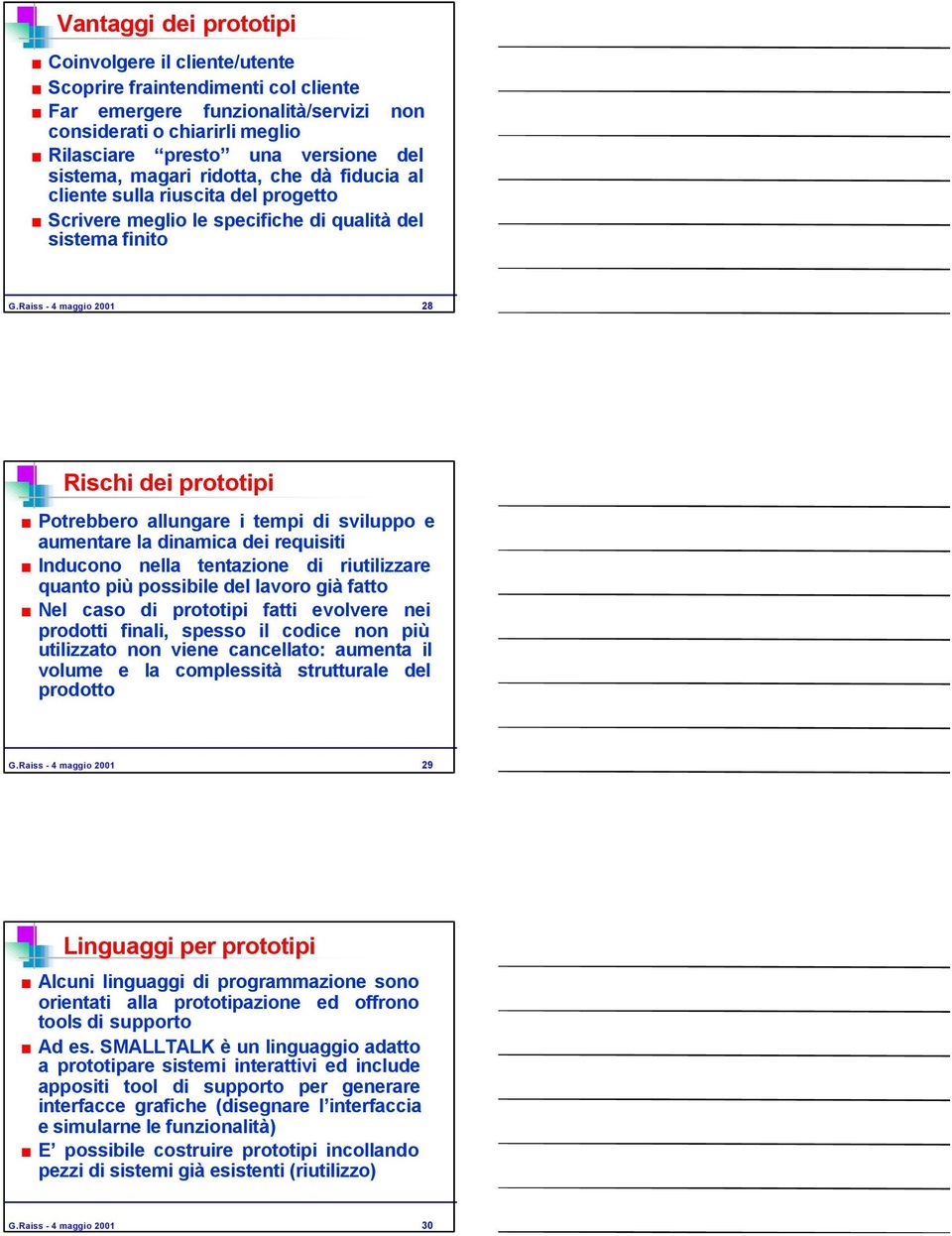 Raiss - 4 maggio 2001 28 Rischi dei prototipi Potrebbero allungare i tempi di sviluppo e aumentare la dinamica dei requisiti Inducono nella tentazione di riutilizzare quanto più possibile del lavoro