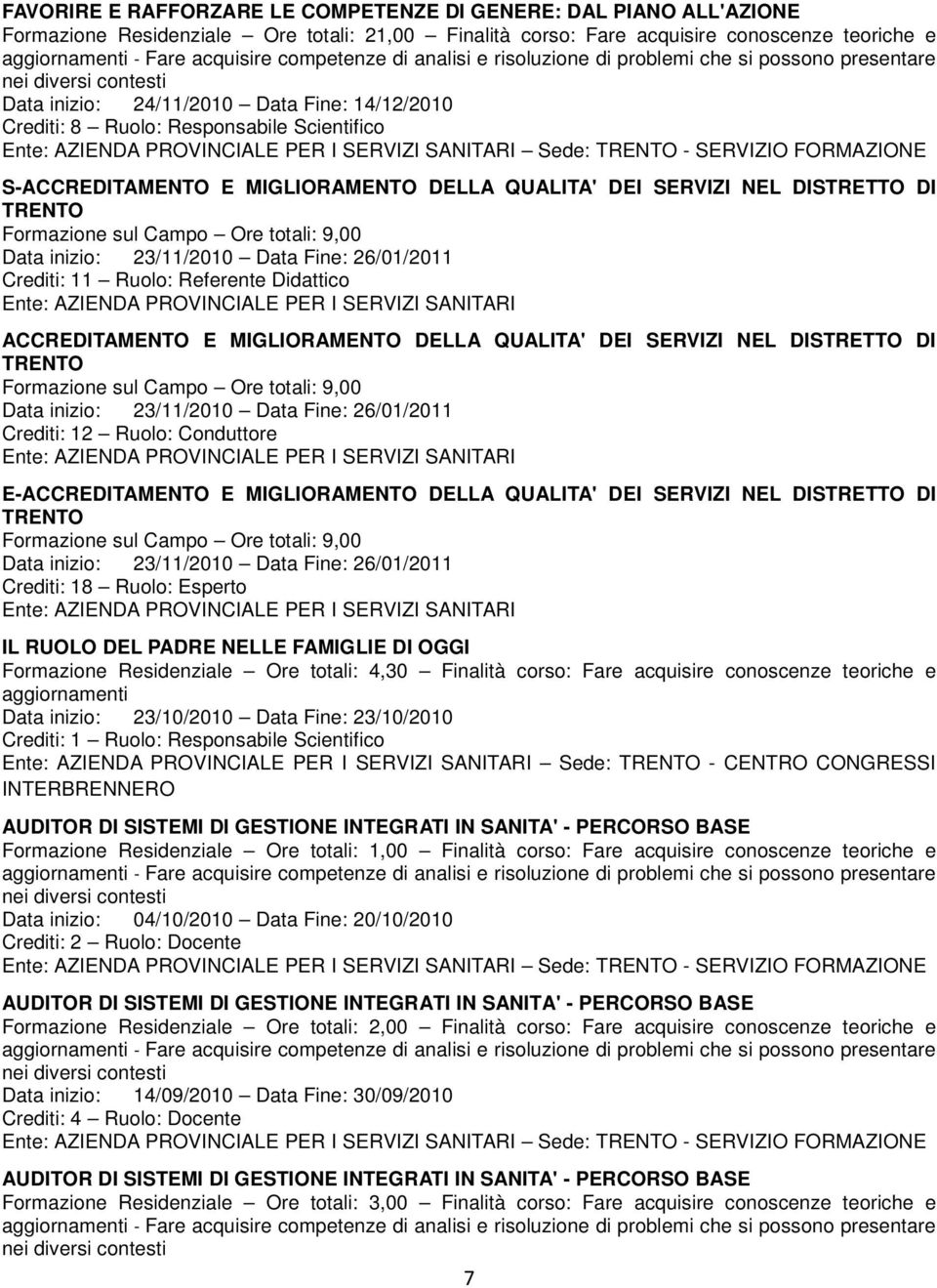 DEI SERVIZI NEL DISTRETTO DI TRENTO Formazione sul Campo Ore totali: 9,00 Data inizio: 23/11/2010 Data Fine: 26/01/2011 Crediti: 11 Ruolo: Referente Didattico ACCREDITAMENTO E MIGLIORAMENTO DELLA