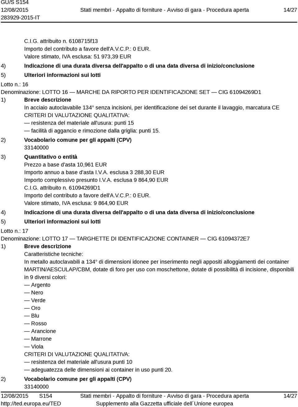 resistenza del materiale all'usura: punti 15 facilità di aggancio e rimozione dalla griglia: punti 15. Prezzo a base d'asta 10,961 EUR Importo annuo a base d'asta I.V.A.