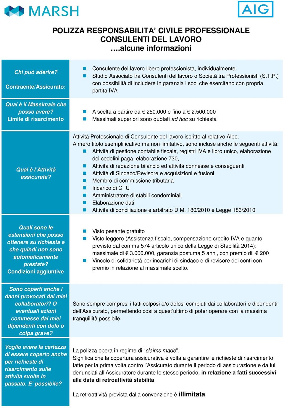 ofessionisti (S.T.P.) con possibilità di includere in garanzia i soci che esercitano con propria partita IVA Qual è il Massimale che posso avere? Limite di risarcimento A scelta a partire da 250.