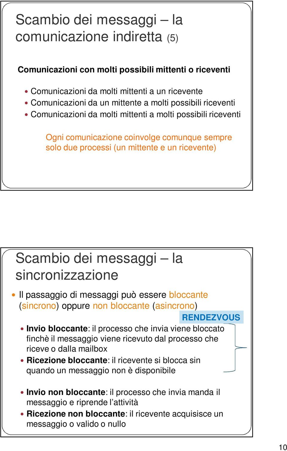 sincronizzazione Il passaggio di messaggi può essere bloccante (sincrono) oppure non bloccante (asincrono) RENDEZVOUS Invio bloccante: il processo che invia viene bloccato finchè il messaggio viene