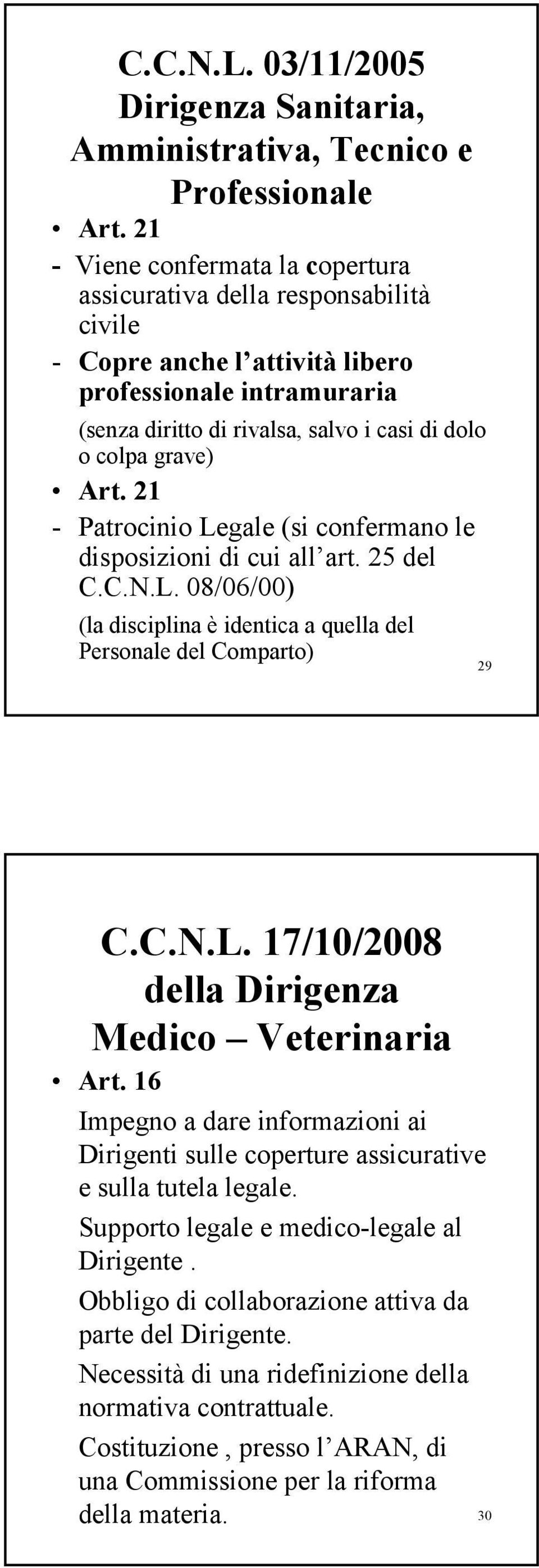 Art. 21 - Patrocinio Legale (si confermano le disposizioni di cui all art. 25 del C.C.N.L. 08/06/00) (la disciplina è identica a quella del Personale del Comparto) 29 C.C.N.L. 17/10/2008 della Dirigenza Medico Veterinaria Art.