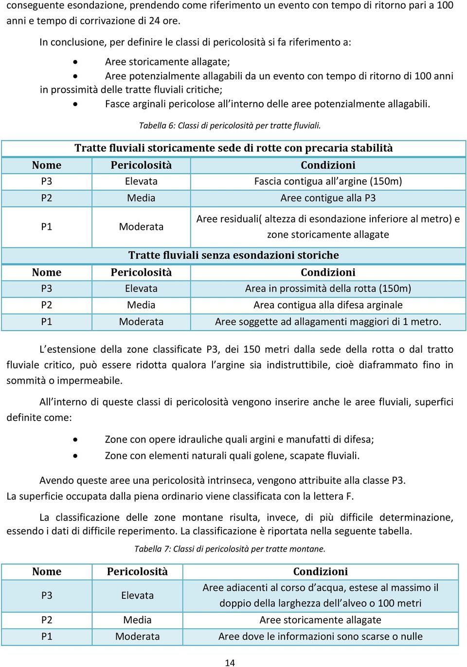 delle tratte fluviali critiche; Fasce arginali pericolose all interno delle aree potenzialmente allagabili. Tabella 6: Classi di pericolosità per tratte fluviali.