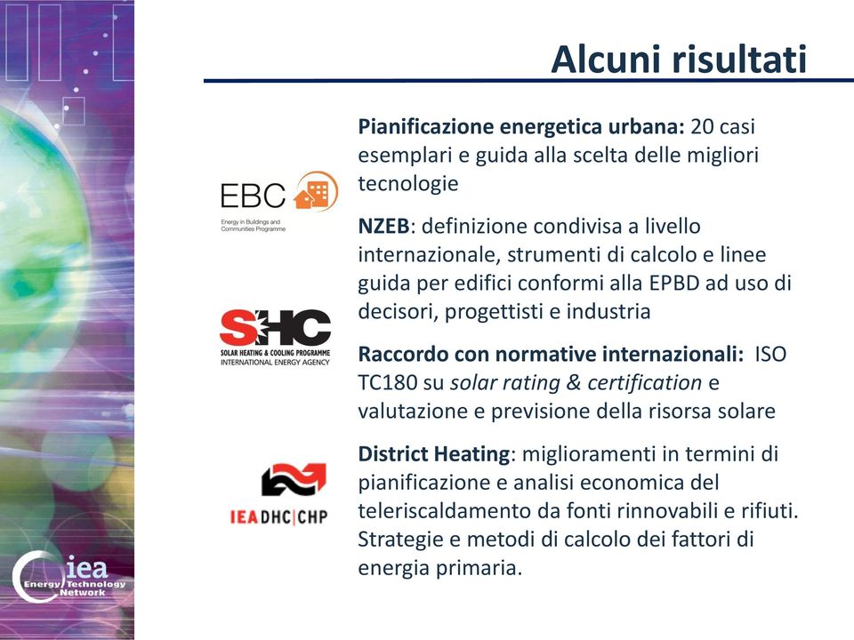 normative internazionali: ISO TC180 su solar rating & certification e valutazione e previsione della risorsa solare District Heating: miglioramenti in