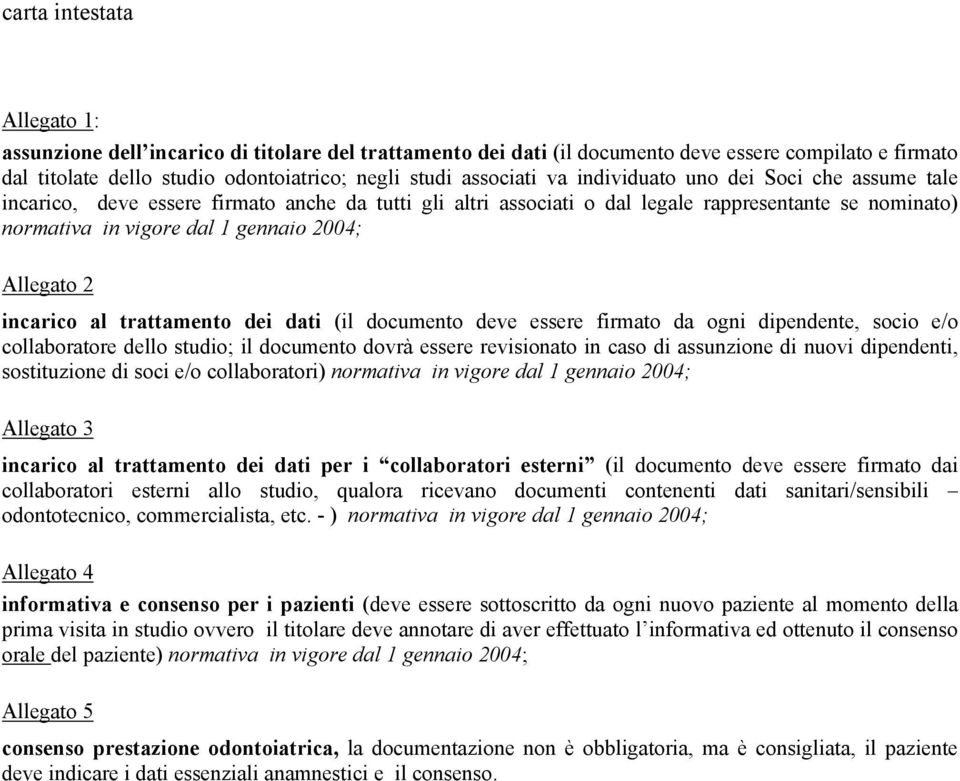 trattamento dei dati (il documento deve essere firmato da ogni dipendente, socio e/o collaboratore dello studio; il documento dovrà essere revisionato in caso di assunzione di nuovi dipendenti,