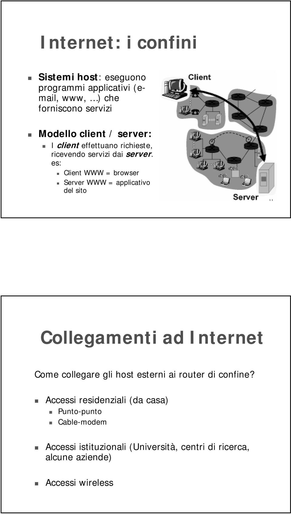 es: Client WWW = browser Server WWW = applicativo del sito Collegamenti ad Internet Come collegare gli host esterni