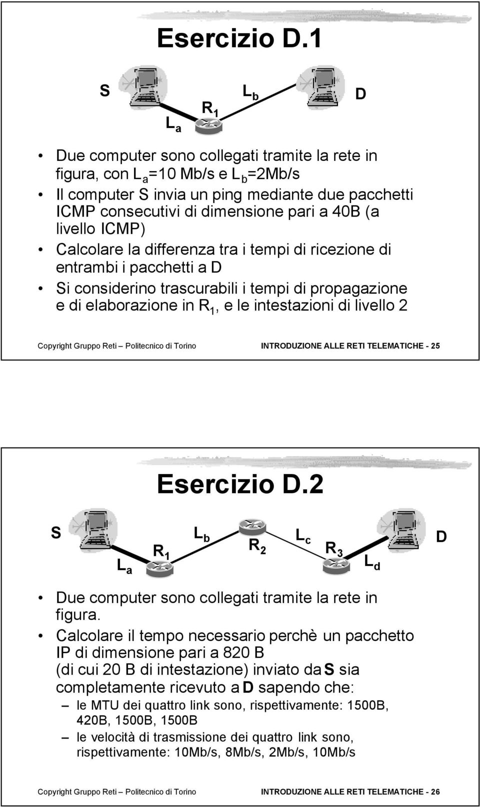 ICMP) Calcolare la differenza tra i tempi di ricezione di entrambi i pacchetti a i considerino trascurabili i tempi di propagazione e di elaborazione in R 1, e le intestazioni di livello 2 Copyright