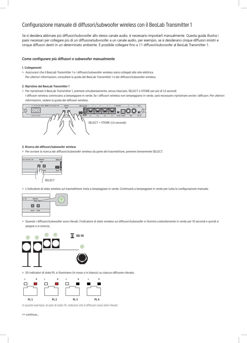 determinato ambiente. È possibile collegare fino a 11 diffusori/subwoofer al BeoLab Transmitter 1. Come configurare più diffusori e subwoofer manualmente 1.