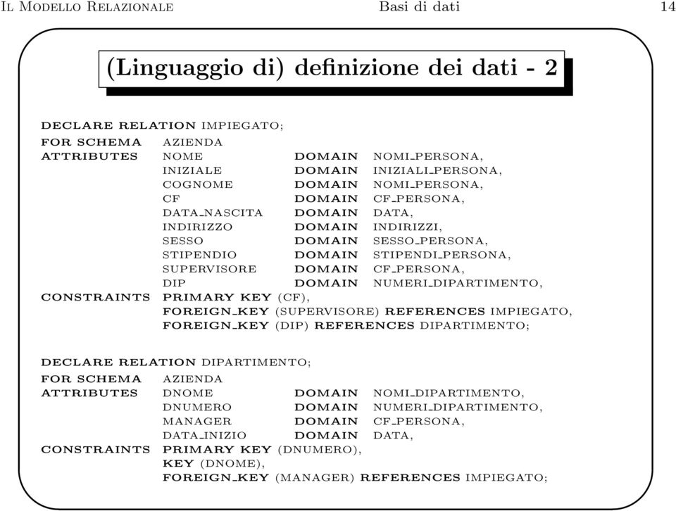 DIP DOMAIN NUMERI DIPARTIMENTO, CONSTRAINTS PRIMARY KEY (CF), FOREIGN KEY (SUPERVISORE) REFERENCES IMPIEGATO, FOREIGN KEY (DIP) REFERENCES DIPARTIMENTO; DECLARE RELATION DIPARTIMENTO; FOR SCHEMA