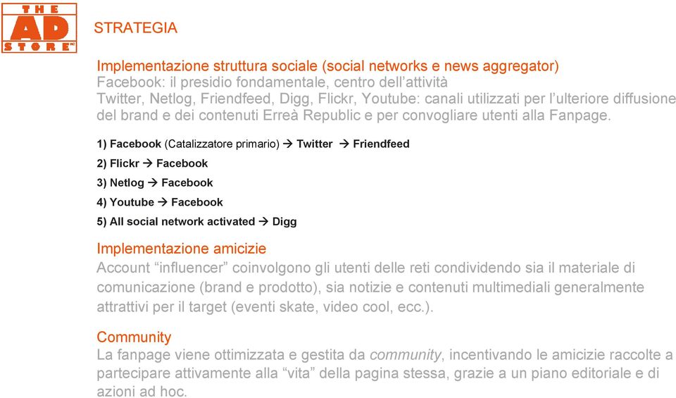 1) Facebook (Catalizzatore primario) Twitter Friendfeed 2) Flickr Facebook 3) Netlog Facebook 4) Youtube Facebook 5) All social network activated Digg Implementazione amicizie Account influencer