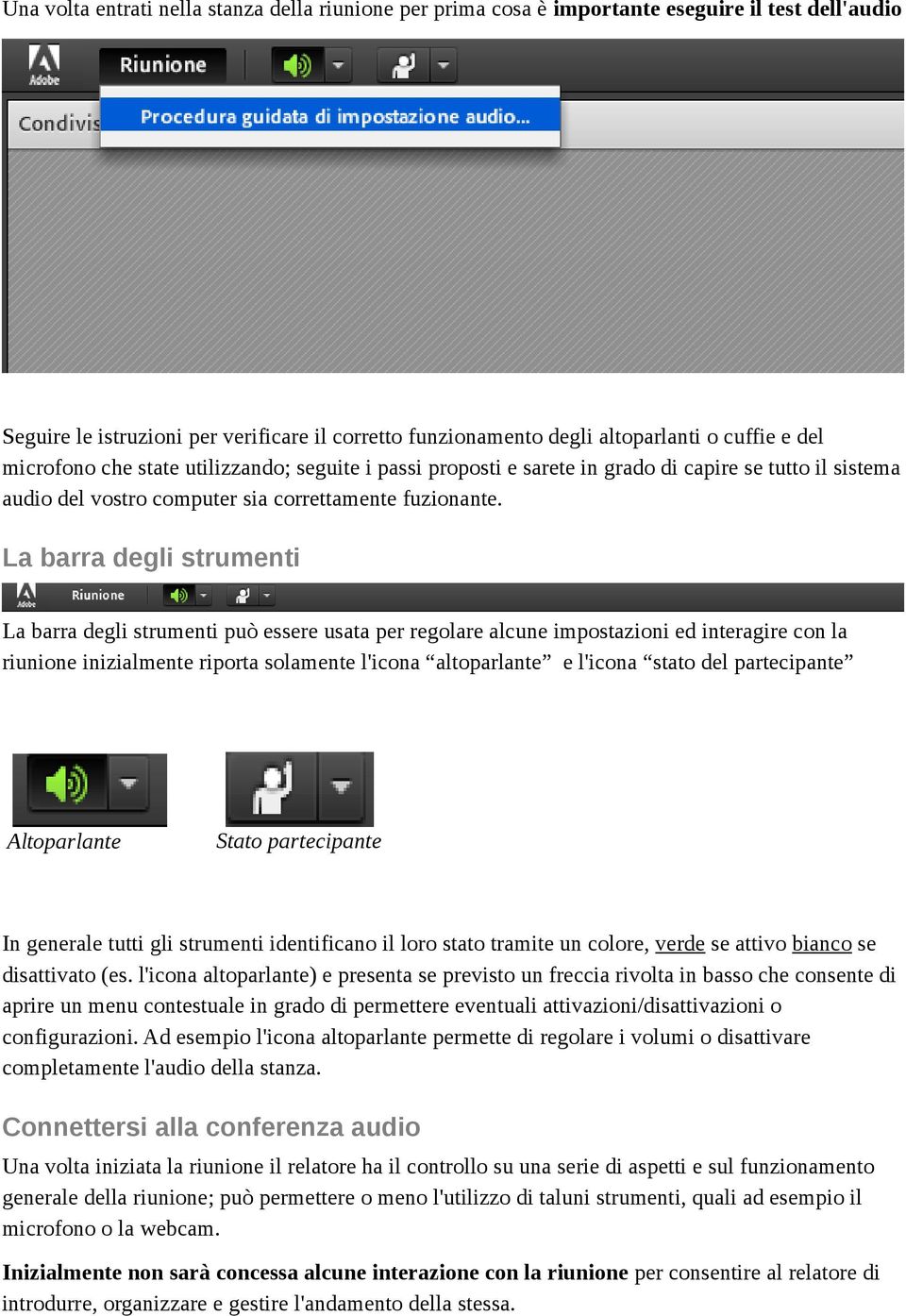 La barra degli strumenti La barra degli strumenti può essere usata per regolare alcune impostazioni ed interagire con la riunione inizialmente riporta solamente l'icona altoparlante e l'icona stato