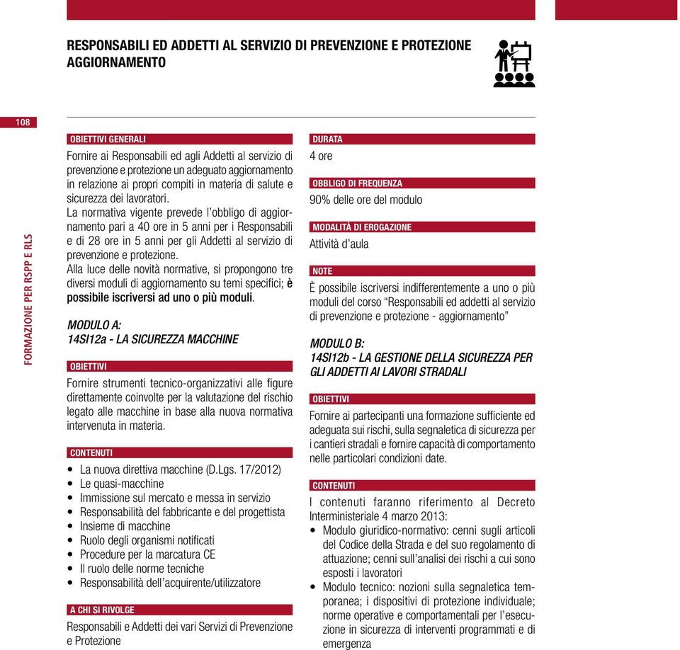 La normativa vigente prevede l obbligo di aggiornamento pari a 40 ore in 5 anni per i Responsabili e di 28 ore in 5 anni per gli Addetti al servizio di prevenzione e protezione.