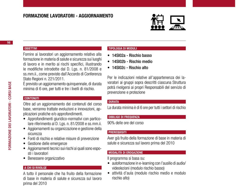 È previsto un aggiornamento quinquennale, di durata minima di 6 ore, per tutti e tre i livelli di rischio.