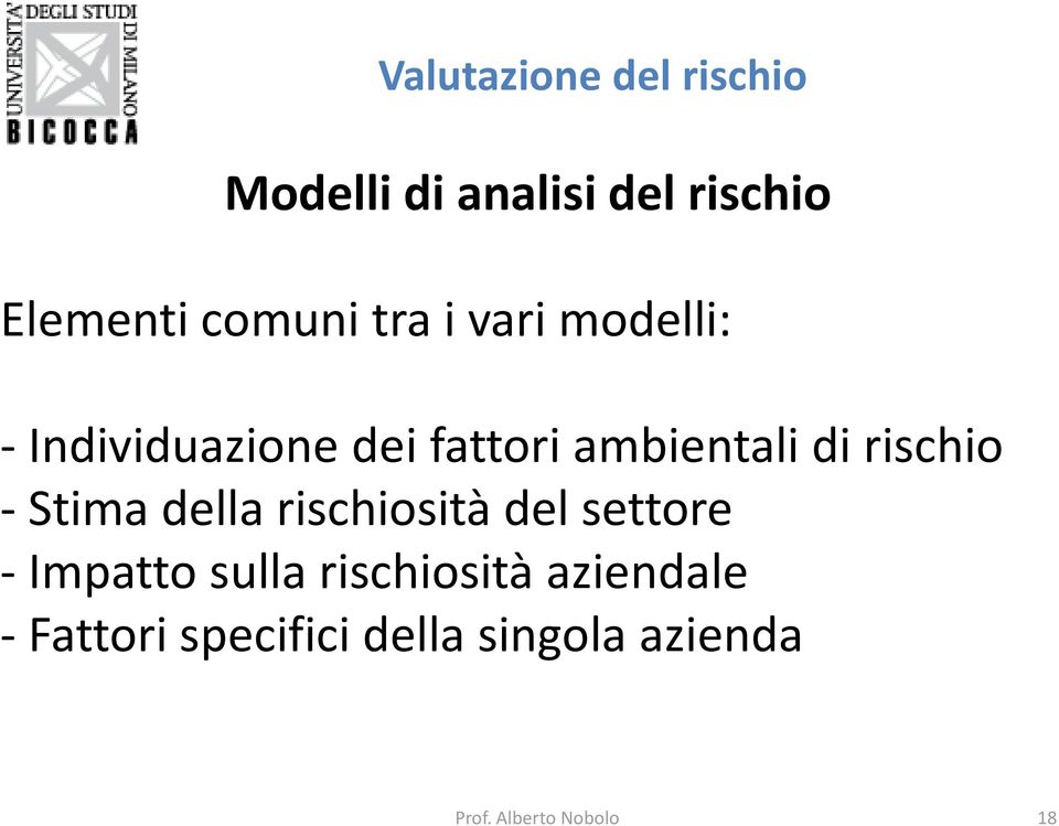 Stima della rischiosità del settore - Impatto sulla rischiosità