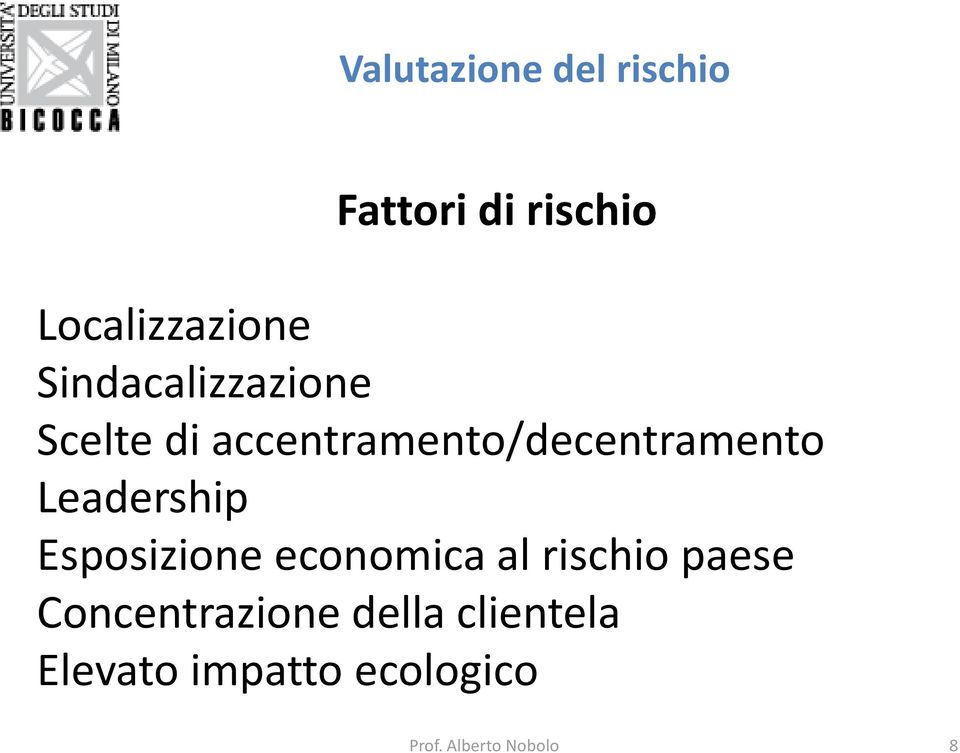 Esposizione economica al rischio paese Concentrazione