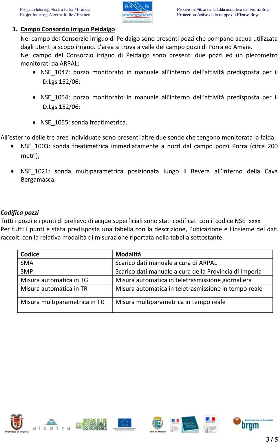 Nel campo del Consorzio irriguo di Peidaigo sono presenti due pozzi ed un piezometro monitorati da ARPAL: NSE_1047: pozzo monitorato in manuale all interno dell attività predisposta per il NSE_1054: