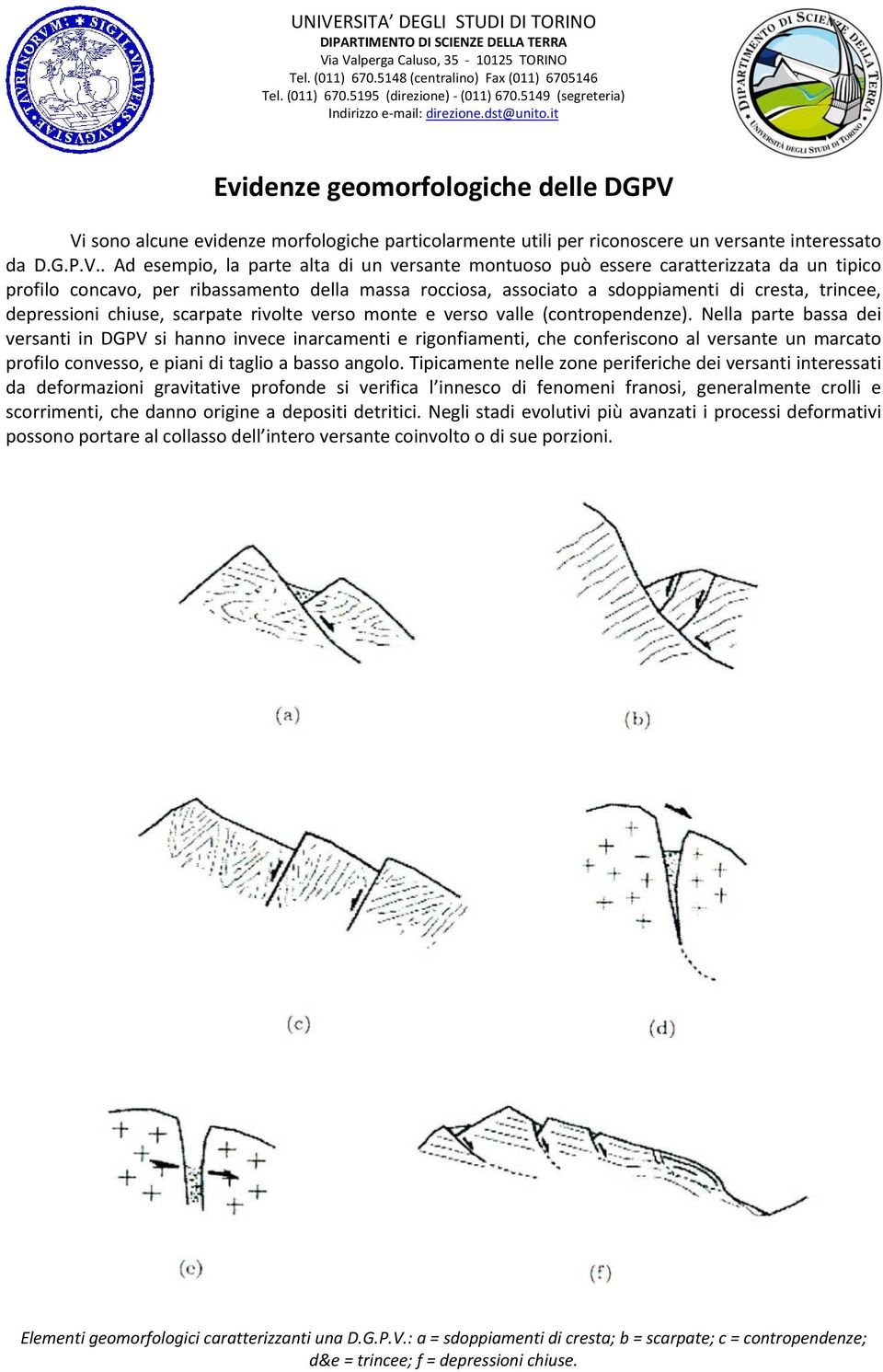 tipico profilo concavo, per ribassamento della massa rocciosa, associato a sdoppiamenti di cresta, trincee, depressioni chiuse, scarpate rivolte verso monte e verso valle (contropendenze).