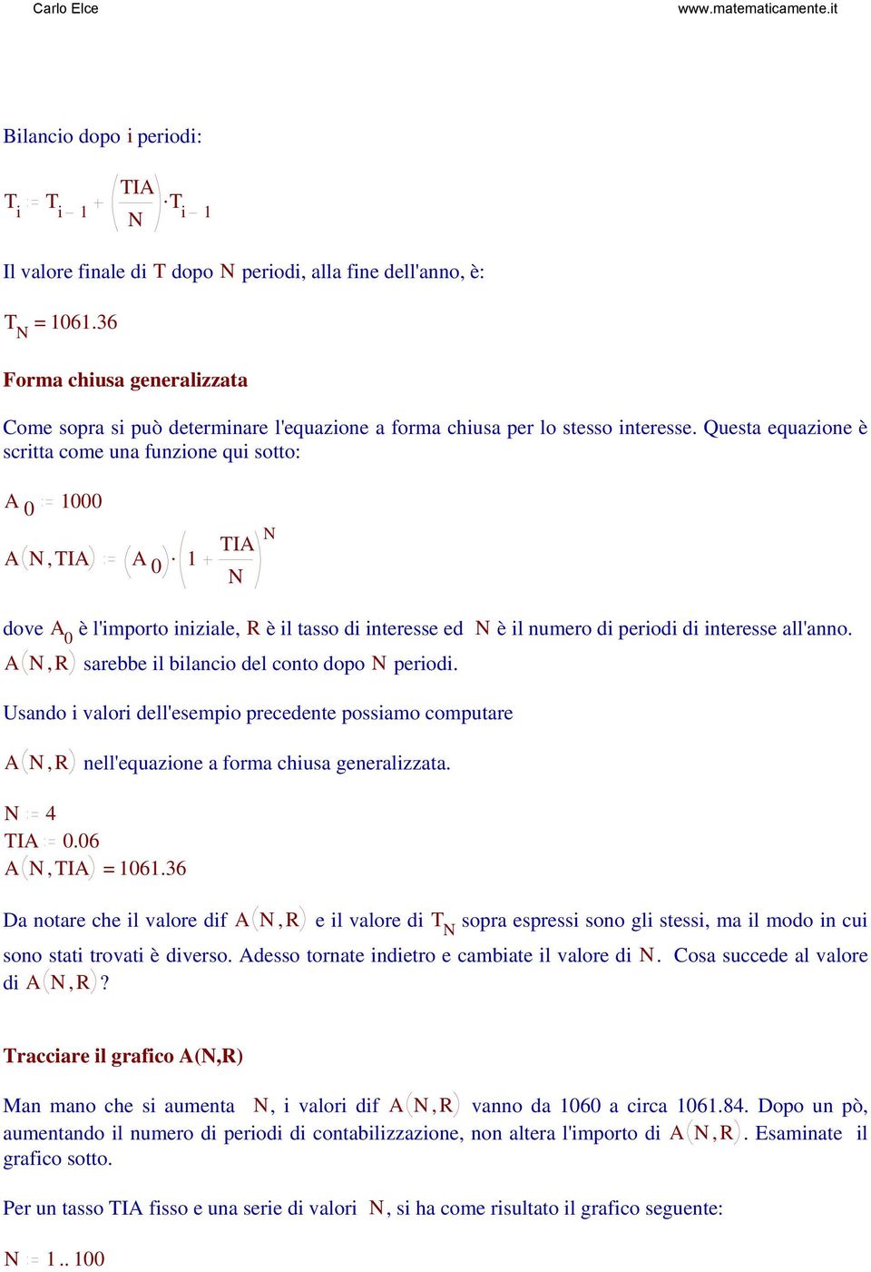 0 1 dove A 0 è l'importo iniziale, R è il tasso di interesse ed è il numero di periodi di interesse all'anno. A, R sarebbe il bilancio del conto dopo periodi.