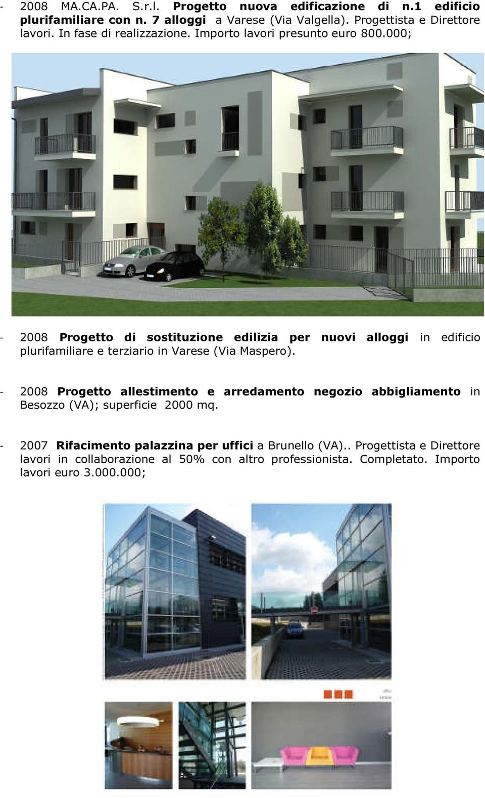 000; - 2008 Progetto di sostituzione edilizia per nuovi alloggi in edificio plurifamiliare e terziario in Varese (Via Maspero).