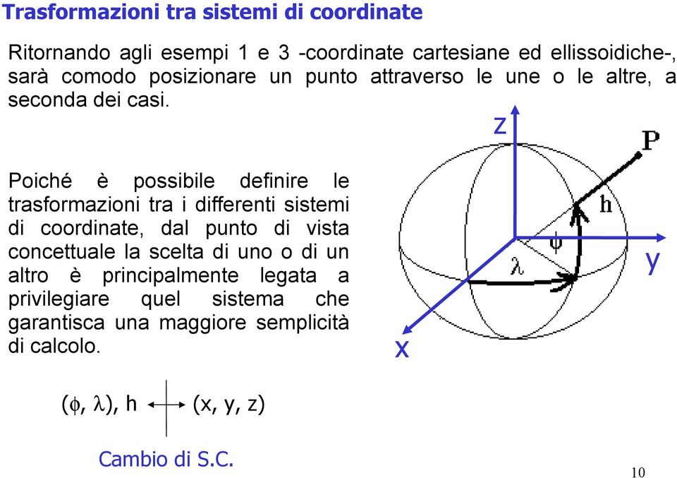 z Poiché è possibile definire le trasformazioni tra i differenti sistemi di coordinate, dal punto di vista concettuale la